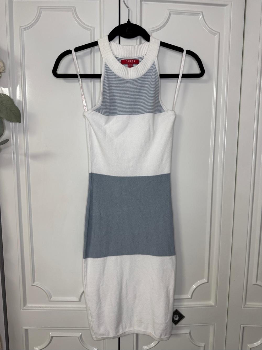 VTG GUESS White and Light Blue Colorblock Knit Midi Dress